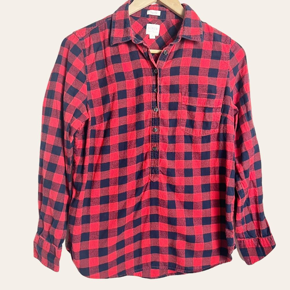 J.Crew Red Black Plaid Flannel Perfect Fit Popover Shirt Size Small Petite